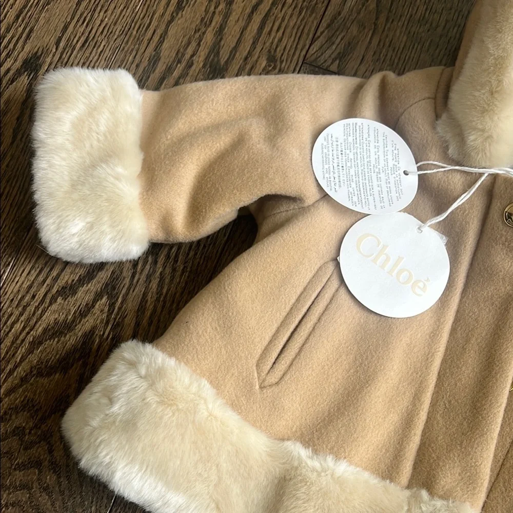 Chloé Tan Coat with Faux Fur Trim 9 months baby Authentic nwt